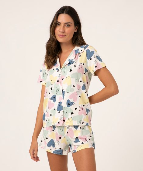 pijama americano manga curta corações off white