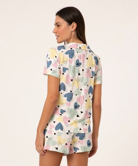 pijama americano manga curta corações off white