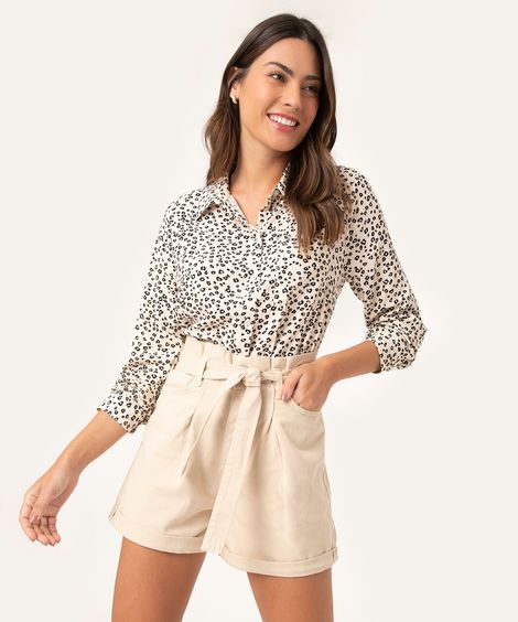 Short Clochard de Sarja com Faixa para Amarrar Cintura Super Alta Bege Claro