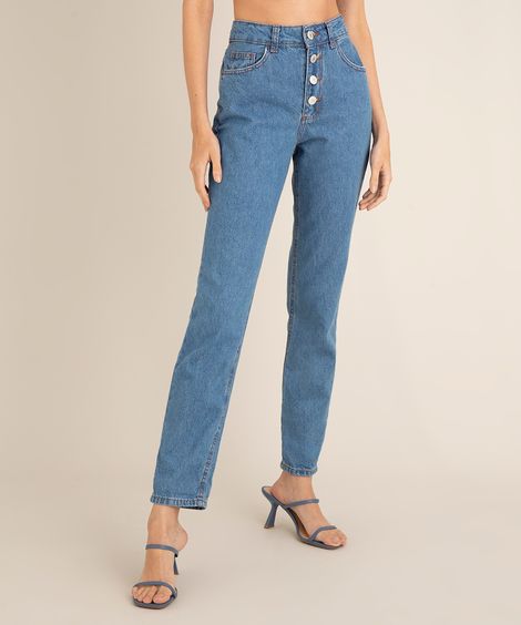 Calça Jeans Feminina Mom Cintura Super Alta com Botões Azul Médio
