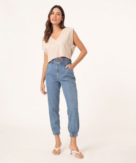 calça mom jogger jeans cintura super alta azul claro