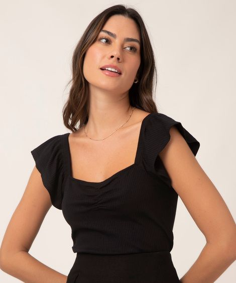 blusa decote franzido manga babado preto