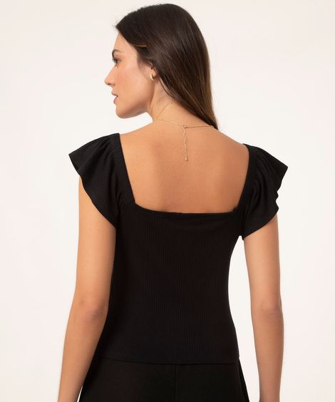 blusa decote franzido manga babado preto