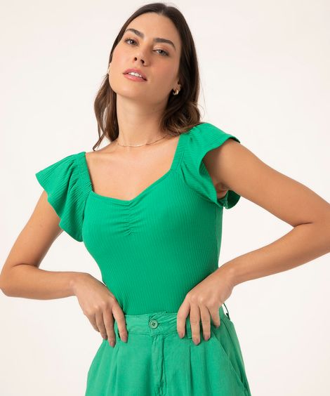 blusa decote franzido manga babado verde