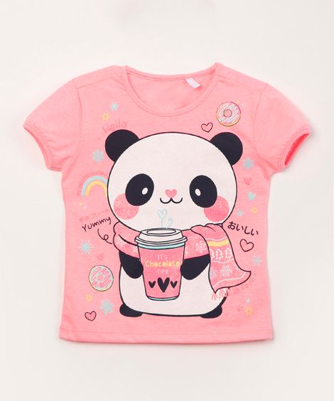 blusa infantil manga curta em panda glitter rosa neon