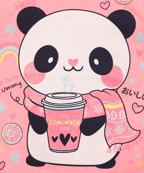 blusa infantil manga curta em panda glitter rosa neon