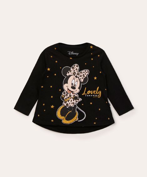 blusa infantil manga longa minnie glitter  preta