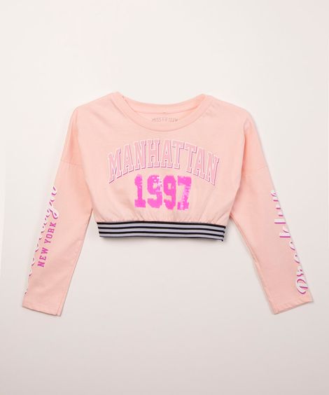 blusa juvenil manga longa cropped manhattan paetê rosa