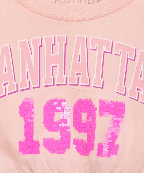 blusa juvenil manga longa cropped manhattan paetê rosa