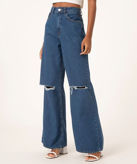 calça jeans wide leg azul escuro
