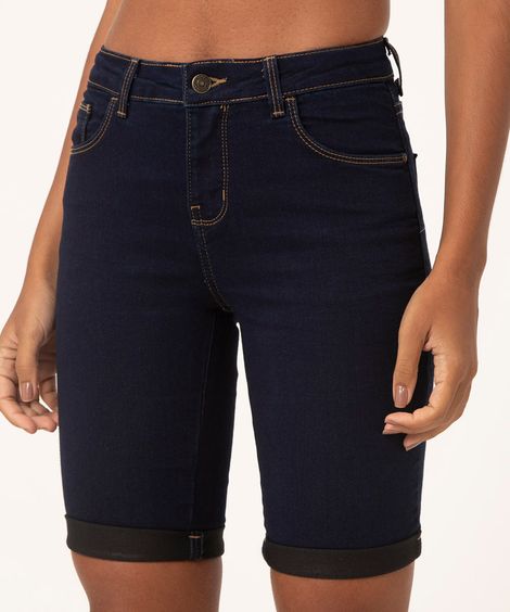 Bermuda Jeans Feminina Ciclista Barra Dobrada Azul Escuro