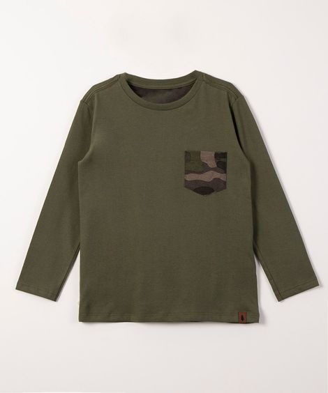 camiseta de algodão manga longa com bolso verde militar