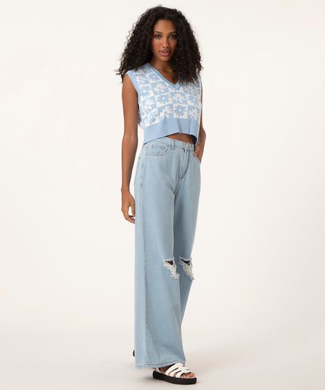Calça Wide Jeans Cintura Super Alta Destroyed Azul Claro