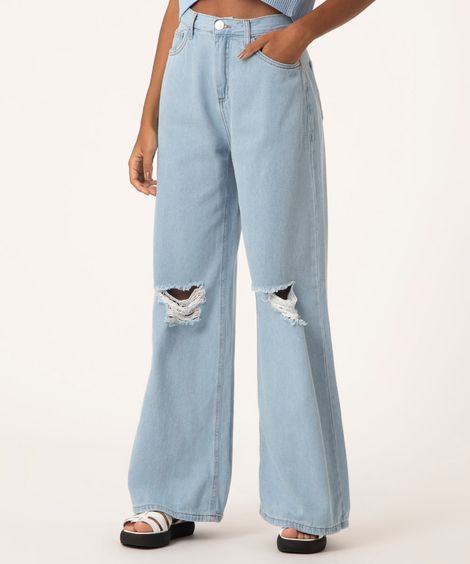 Calça Wide Jeans Cintura Super Alta Destroyed Azul Claro
