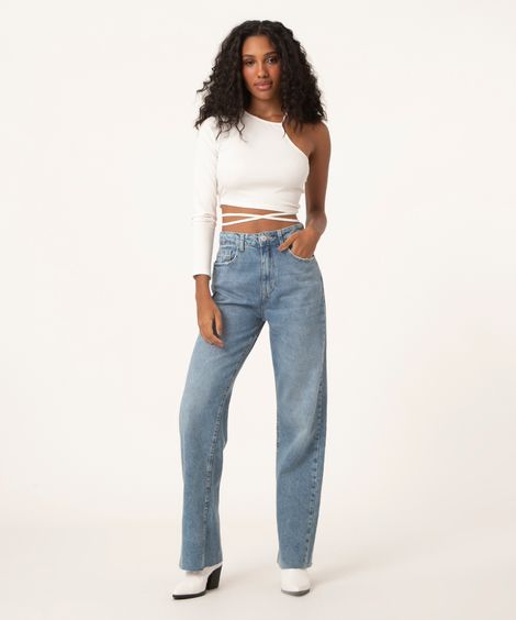 calça jeans wide leg barra a fio azul médio