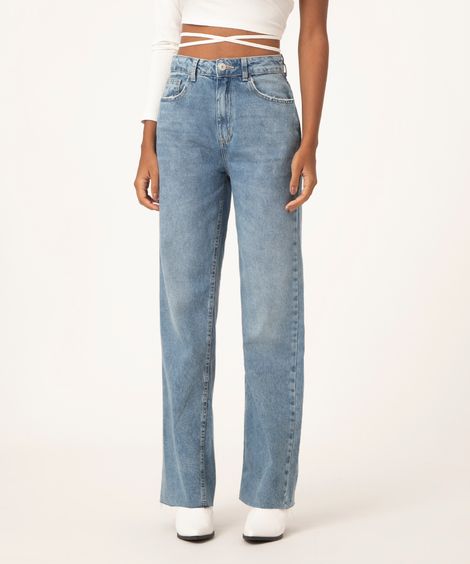 calça jeans wide leg barra a fio azul médio