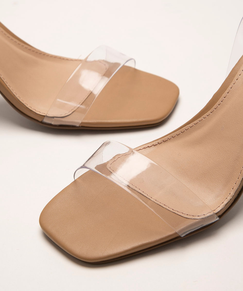 sandália bico quadrado salto reto de acrílico via uno bege