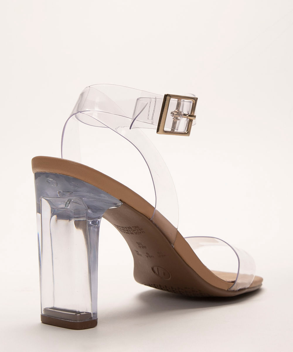 sandália bico quadrado salto reto de acrílico via uno bege