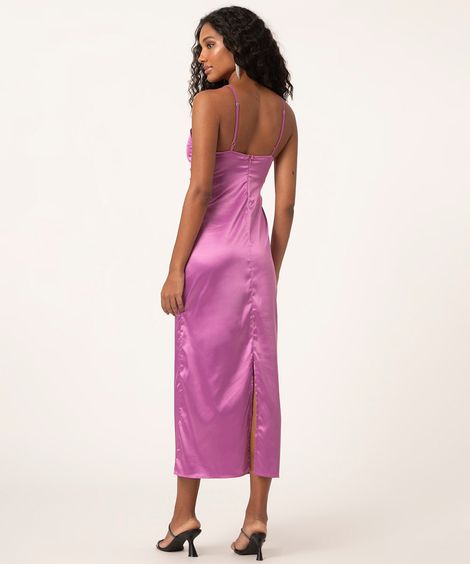 vestido de cetim midi franzido roxo