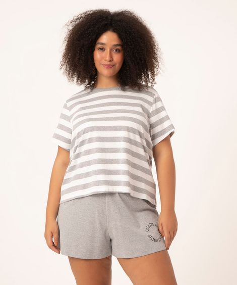pijama plus size manga curta listrado cinza