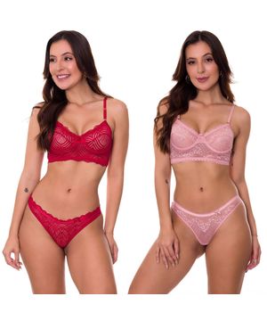 2 Conjuntos de Lingerie Sexy em Renda 1 Vermelho e Rosê Moda Baixo - V62