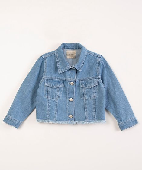 jaqueta jeans cropped barra desfiada azul médio