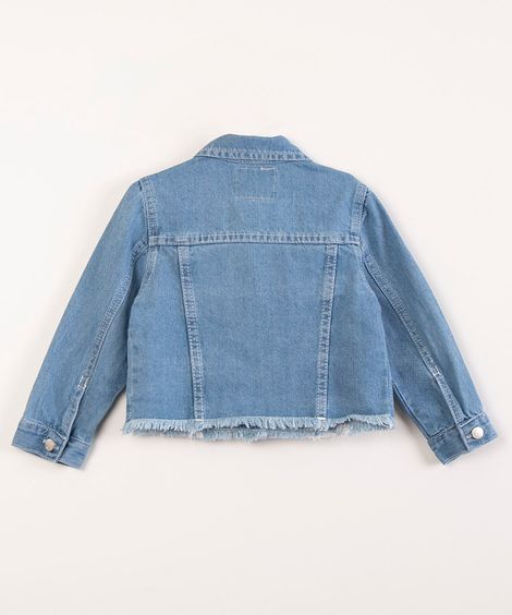 jaqueta jeans cropped barra desfiada azul médio