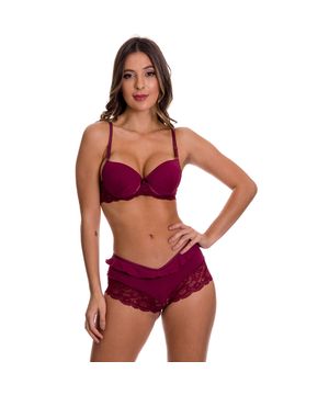 Conjunto de Lingerie Sensual em Microfibra e Renda Moda Baixo - MF1364 Vinho