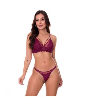 Conjunto de Lingerie Sex Sutiã Strappy em Renda Sem Bojo Moda Baixo - VC3264 Vinho