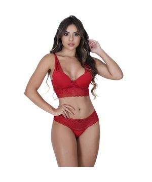 Conjunto Sensual de Lingerie em Renda e Microfibra Com Bojo Moda Baixo - VF52 Vermelho