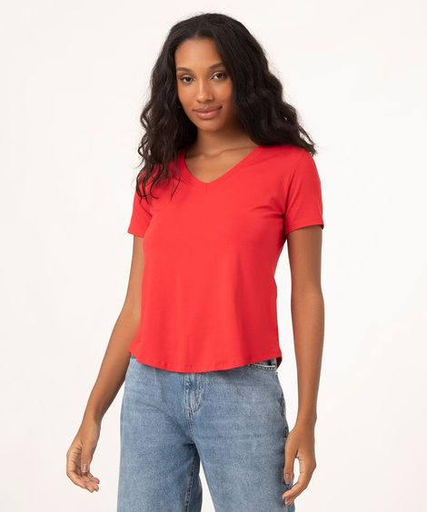 blusa feminina básica decote v manga curta vermelho médio