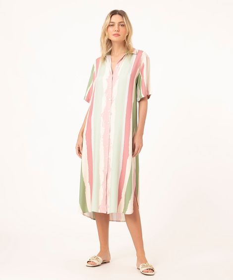 vestido chemise de viscose listrado com fenda rosa