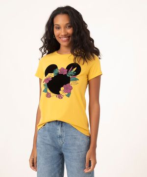 camiseta mickey flores manga curta mostarda
