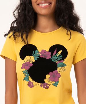 camiseta mickey flores manga curta mostarda
