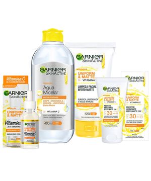 Garnier Skin Uniform & Matte Vitamina C Kit – Sérum + Gel de Limpeza + Água Micelar + Hidratante