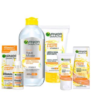 Garnier Skin Uniform & Matte Vitamina C Kit – Sérum + Gel de Limpeza + Água Micelar + Protetor Solar cor Média