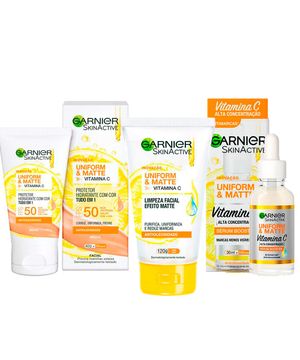 Garnier Skin Uniform & Matte Vitamina C Kit – Sérum Facial + Gel de Limpeza + Protetor Solar FPS50 cor Média