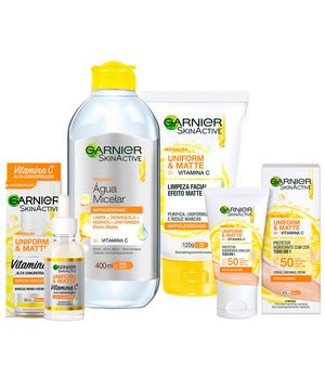 Garnier Skin Uniform & Matte Vitamina C Kit – Sérum + Gel de Limpeza + Água Micelar + Protetor Solar cor Clara