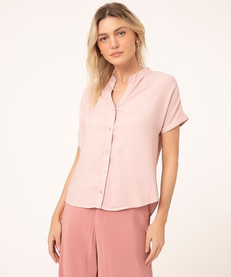 camisa de viscose manga curta gola padre barra alongada rosa