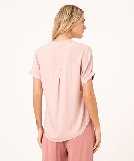 camisa de viscose manga curta gola padre barra alongada rosa