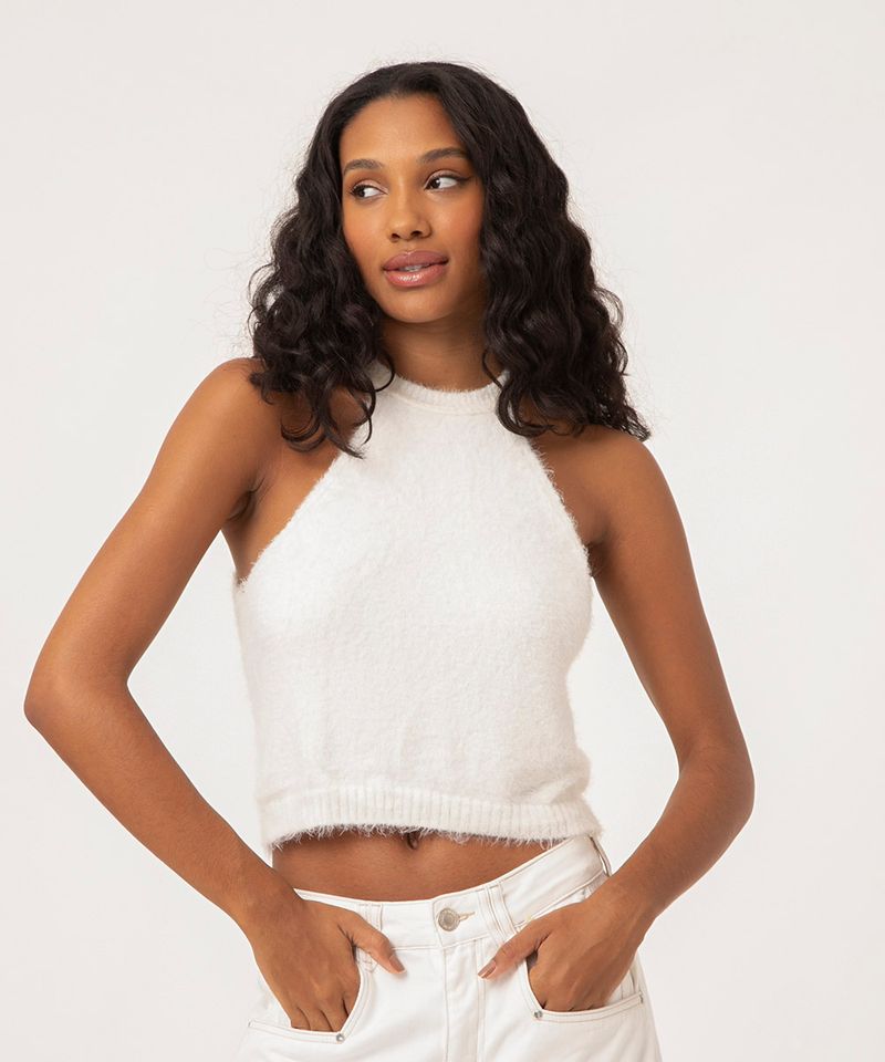 top cropped halter neck de poliamida off white - C&A