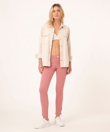 calça super skinny cintura média rosa