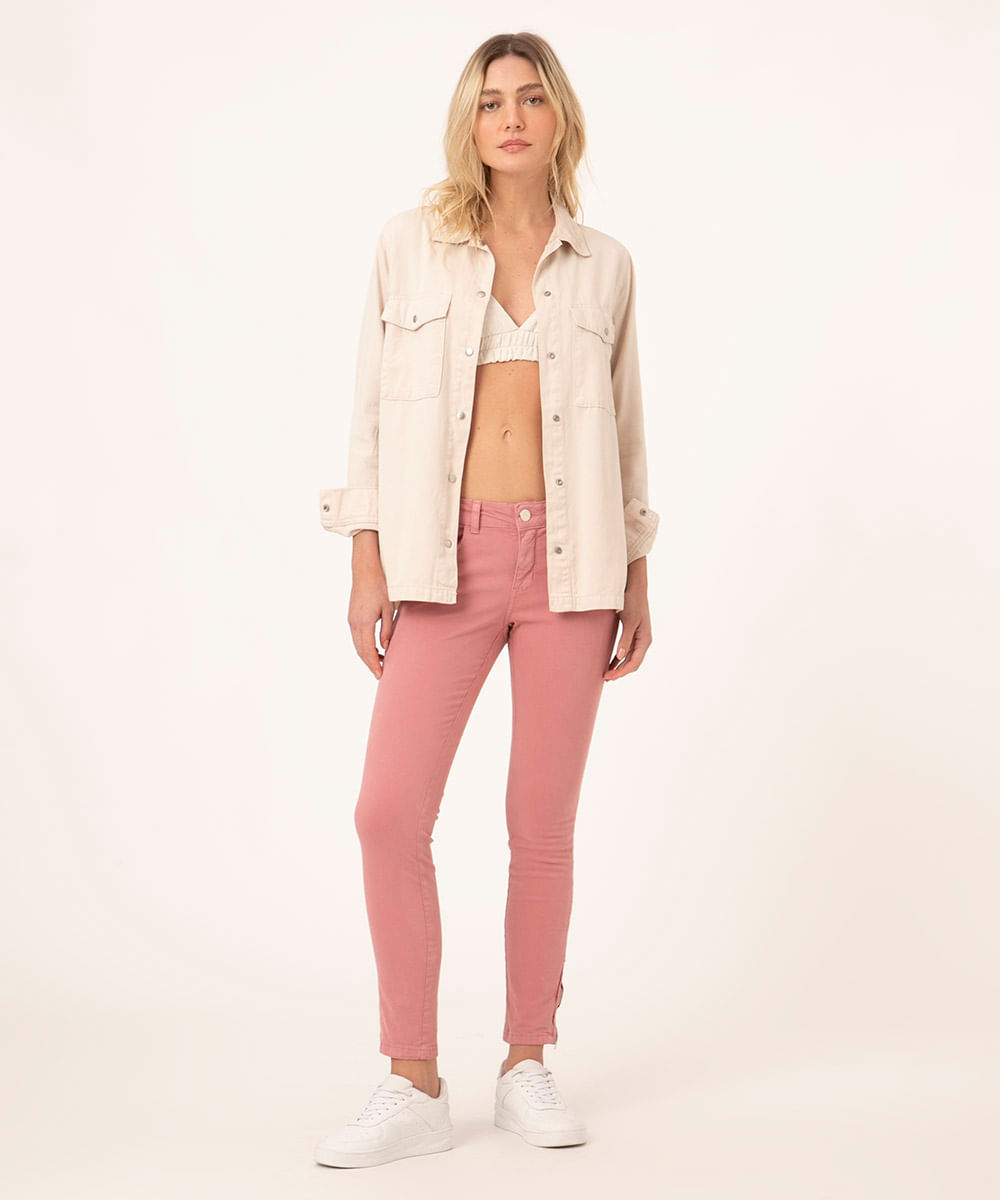 Calça Skinny Suede Barbara Zíper Na Barra Pink