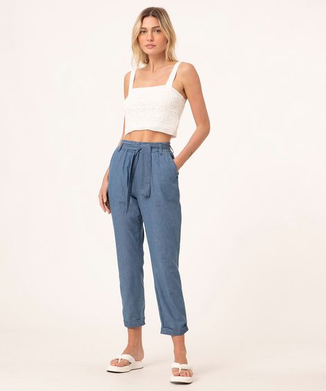calça clochard jeans cintura super alta azul médio
