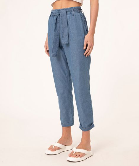 calça clochard jeans cintura super alta azul médio