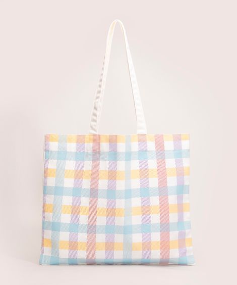 bolsa ecobag estampada xadrez vichy off white