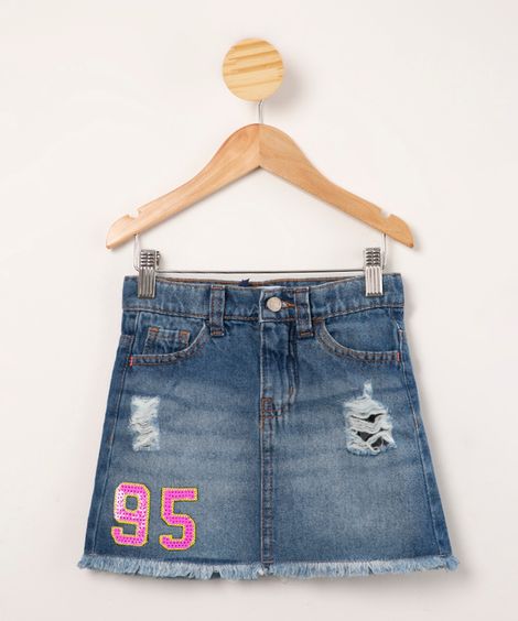 saia infantil jeans com bordado de paetê e puídos azul médio