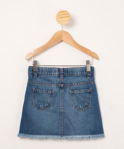 saia infantil jeans com bordado de paetê e puídos azul médio