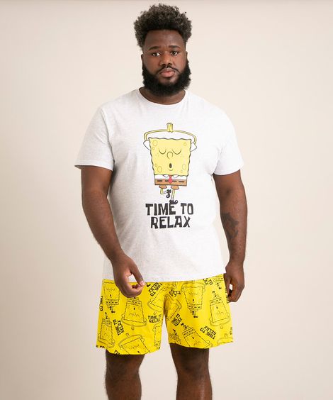 pijama plus size manga curta bob esponja "time to relax" cinza mescla claro