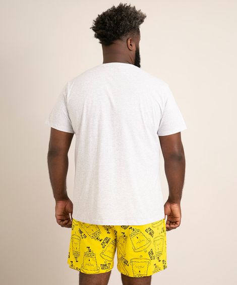 pijama plus size manga curta bob esponja "time to relax" cinza mescla claro